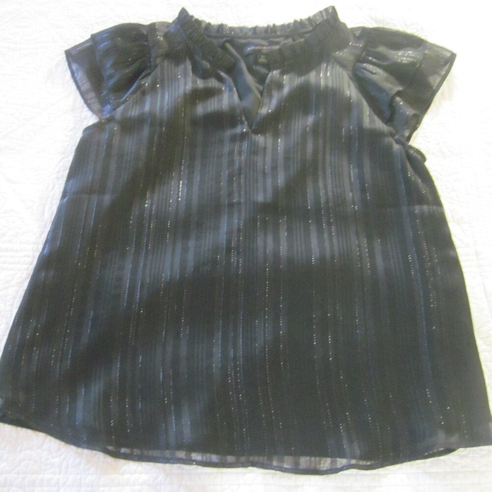 Banana RepublicTop XS Black Ruffle Neck Silver Metallic Stripe